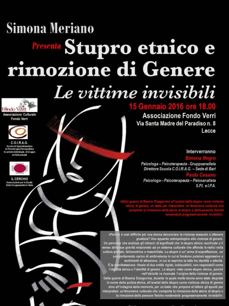 Lecce, 15 Gennaio 2016 - Simona Meriano Presenta il suo ultimo libro: ”Stupro Etnico e Rimozione di Genere. Le Vittime Invisibili”